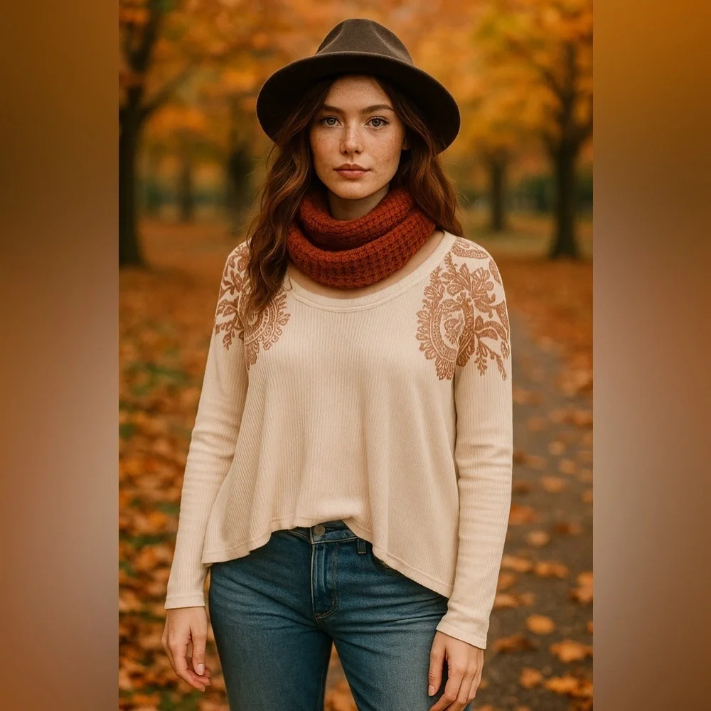 We The Free by Free People Printed Oversized Thermal Long Sleeve Top – Sz S